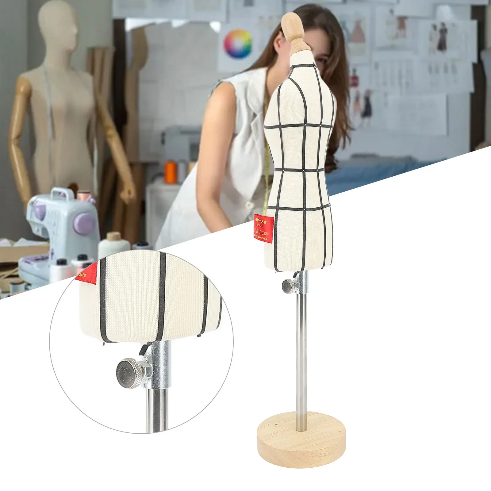 Dress Form Mannequin - โมเดลชุดเดรสขนาดเล็กพร้อมฐานไม้ขาตั้งสำหรับชุดเต็มตัวตัดเย็บหุ่นสำหรับตัดเย็บเสื้อผ้าและสอนขนาด1/2