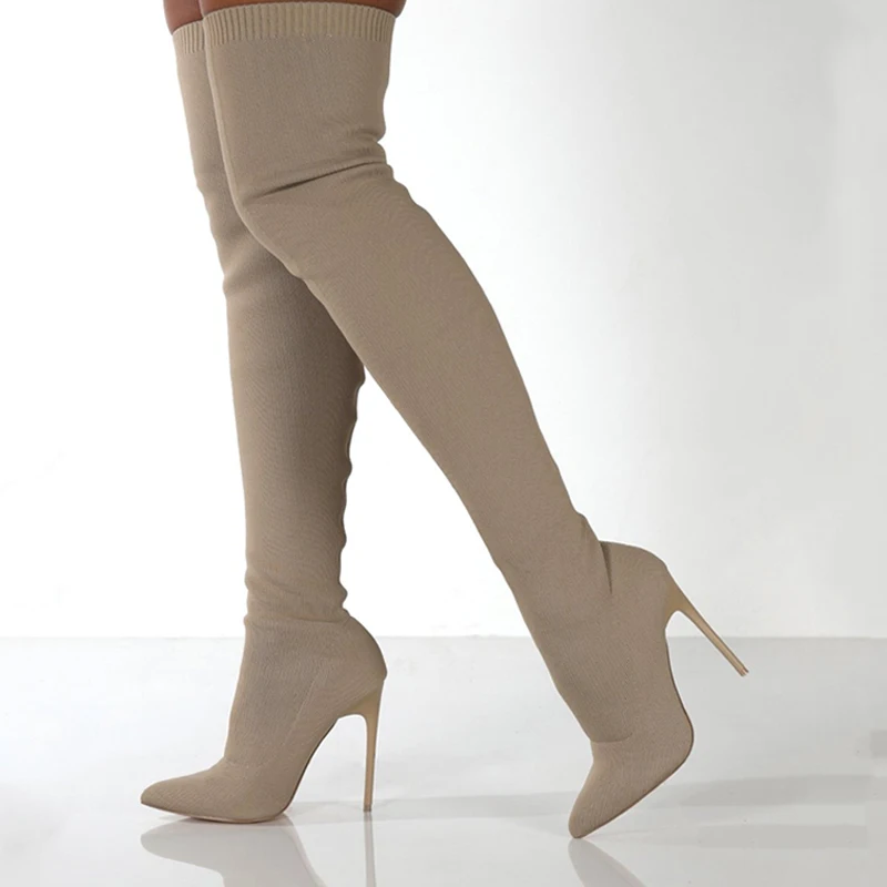 Sewing Knit - ผู้หญิงฤดูใบไม้ร่วงกว่าเข่ารองเท้าStilettoรองเท้าส้นสูงยืดหยุ่นถักรองเท้าBeigeสีดําRetroเซ็กซี่Bota Feminina 2025