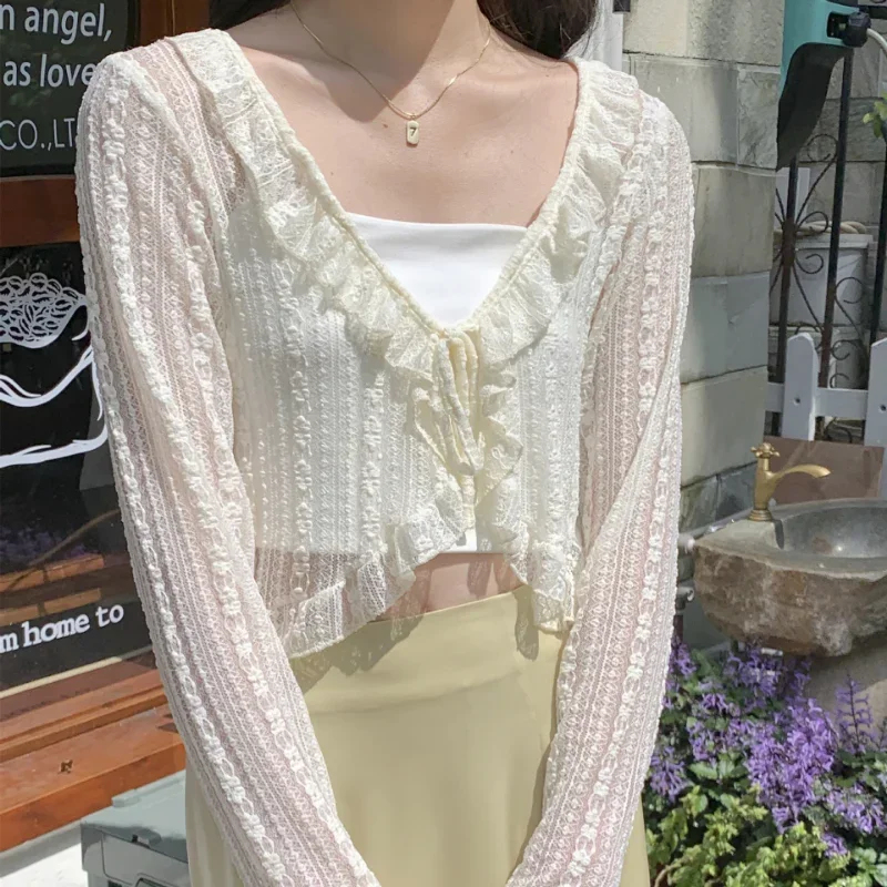 Sewing V - เสื้อคลุมกันแดดสำหรับผู้หญิง ลายลูกไม้ แต่งโบว์ ระบาย ผ้าชีฟอง เสื้อคาร์ดิแกน