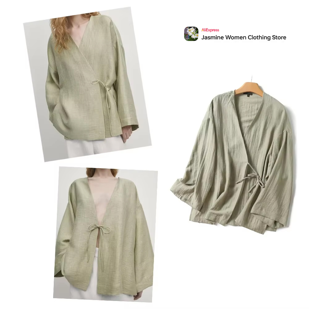 Sewing V - Comfy Olive เสื้อผูกแขนยาวผู้หญิงกิโมโน V คอปกเสื้อสเวตเตอร์ถักย่นเสื้อด้านข้างแยก 2