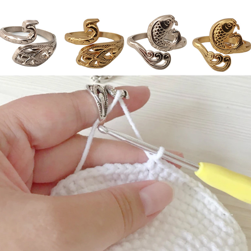 Sewing Thimble Metal - แหวนถักห่วงโครเชต์เครื่องมือปรับเปิดนิ้วเย็บนกยูงปลาถักแหวนนิ้วมือสวมใส่ Thimble เส้นด้าย