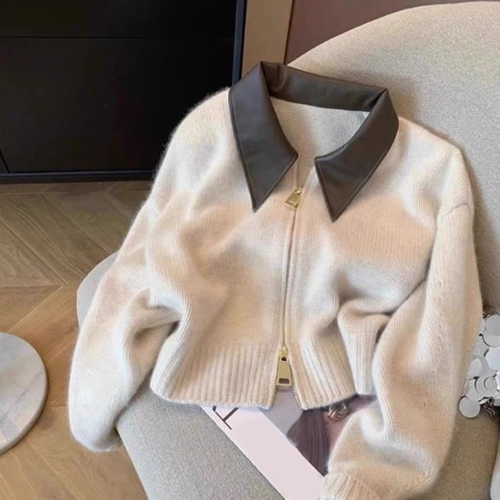 Sewing Front Zipper - เสื้อคาร์ดิแกนหนังคอปกแบบซิปด้านหน้า แพทเทิร์นเย็บเสื้อแขนยาว คอปกพับได้ สไตล์เกาหลี สตรีทแวร์ เสื้อโครเชต์