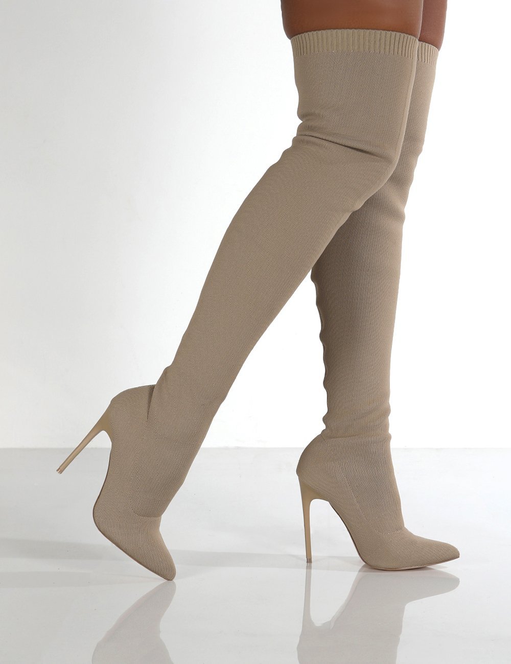 Sewing Knit - ผู้หญิงฤดูใบไม้ร่วงกว่าเข่าบู๊ทส์ Stiletto รองเท้าส้นสูงยืดหยุ่นถักรองเท้า Beige สีดํา Retro