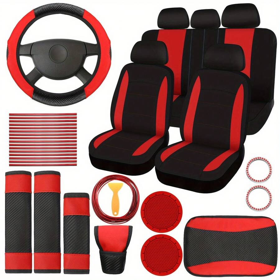 Shoulder Pad Set In - เหมาะสำหรับผู้หญิง ชุดตกแต่งภายในรถยนต์ 41 ชิ้น ประกอบด้วยผ้าคลุมเบาะรถยนต์โพลีเอสเตอร์ ปลอกหุ้มพวงมาลัยหนัง