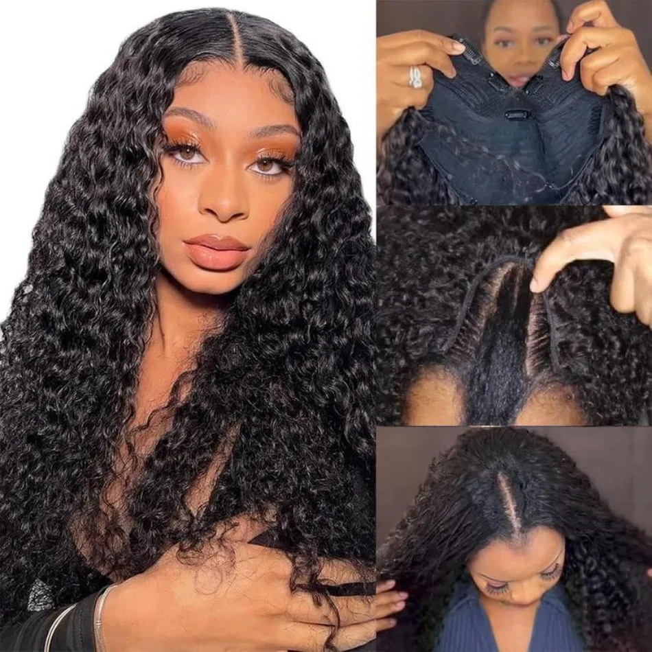Sewing V - Deep Wave V Partวิกผมผมมนุษย์ไม่มีเย็บไม่มีกาวความหนาแน่น 220 ธรรมชาติสีCurlyบราซิลผมสําหรับผู้หญิงสีดํา