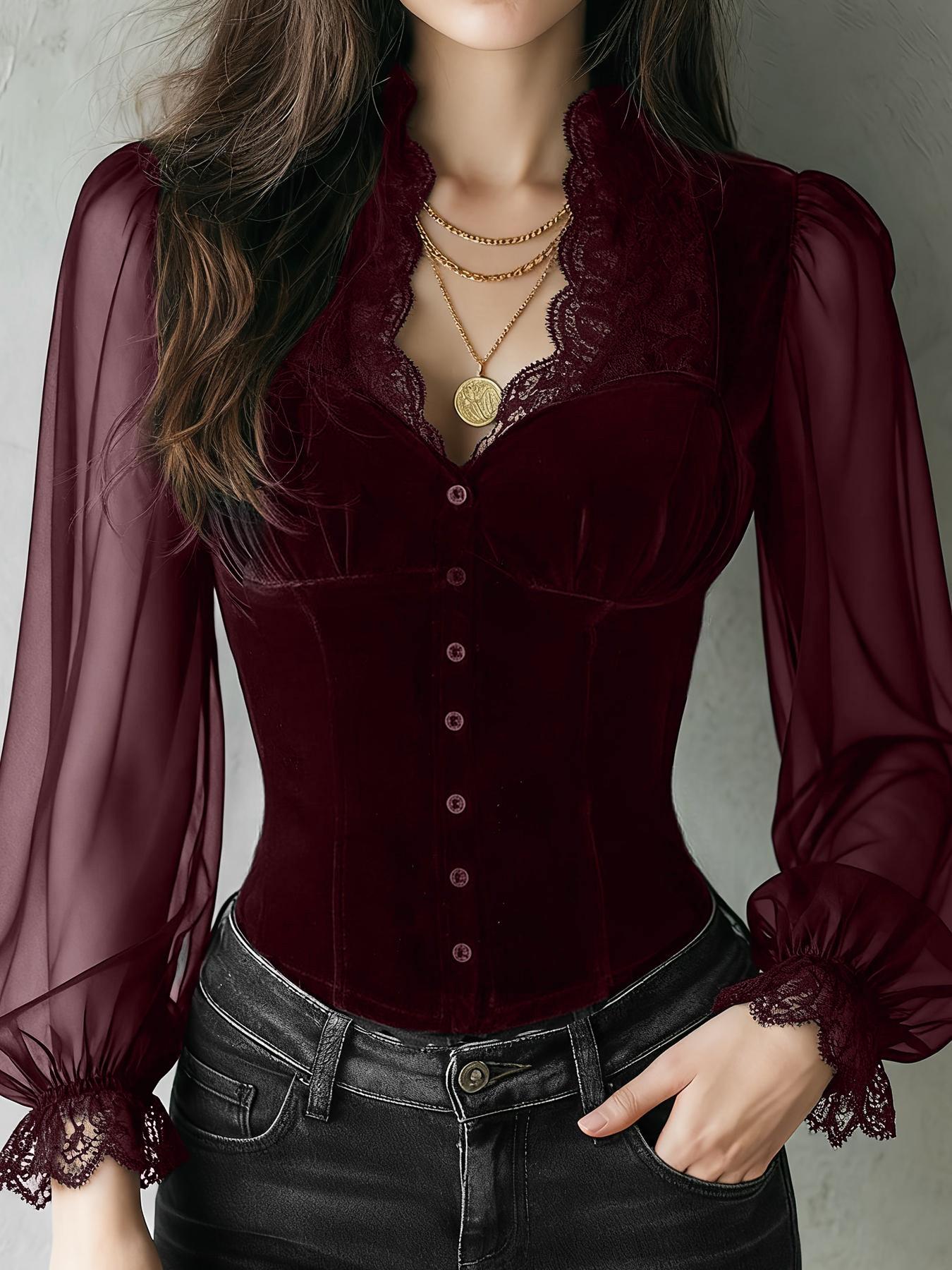 เสื้อเชิ้ตผู้หญิงสีพื้นแต่งขอบ - Sewing V บทวิจารณ์และราคา